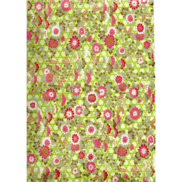 Japan Papir - Green graphic pattern, with flamingo Red and White flowers - Grønlykke.com