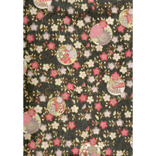 Japan Papir - Grey pattern, with flamingo Red & light green & pink flowers - Grønlykke.com