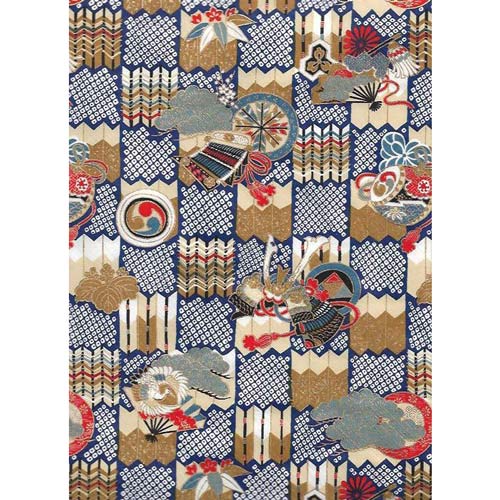 Japan Papir - Notch sqaured Pattern with Blue, Ochre, red and Ecru, with asian motives - Grønlykke.com