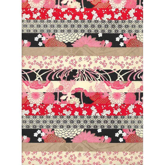 Japan Papir - Patterned Black, Pink & Ecru stripes with diffrent flower motives - Grønlykke.com