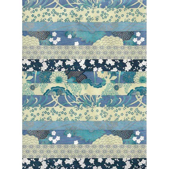 Japan Papir - Patterned Blue stripes with diffrent flower motives - Grønlykke.com