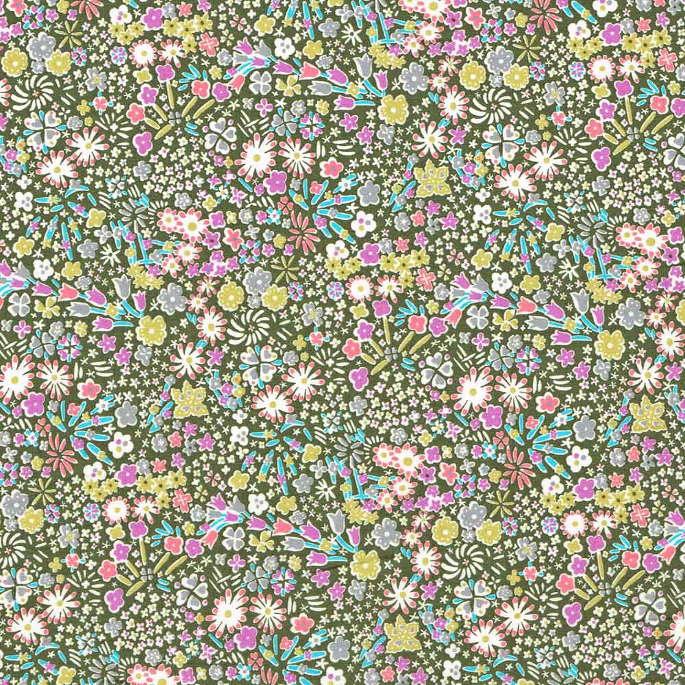 LIBERTY Stof Kayoko Army Green, Pink, Grey & Turquoise. - Grønlykke.com