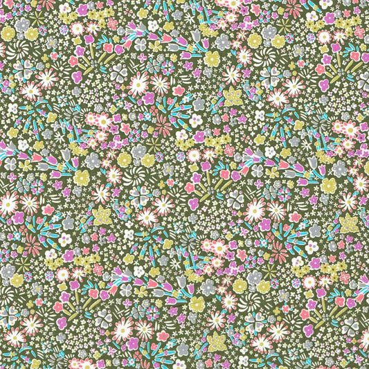 LIBERTY Stof Kayoko Army Green, Pink, Grey & Turquoise. - Grønlykke.com