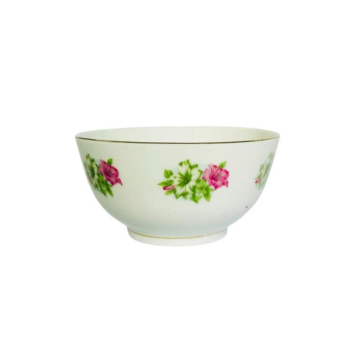 OUTLET Kinesisk Skål lille - Porcelæn Hvid Blomster motiv i Grøn & Pink m. Guld kant - Grønlykke.com