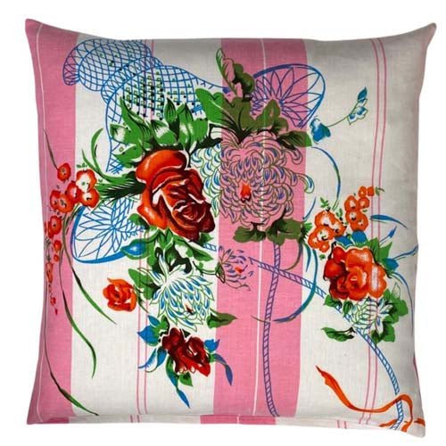 OUTLET PUDE - Stor Pink & Hvide striber M. Kinesisk blomster motiv 60x60 - Grønlykke.com