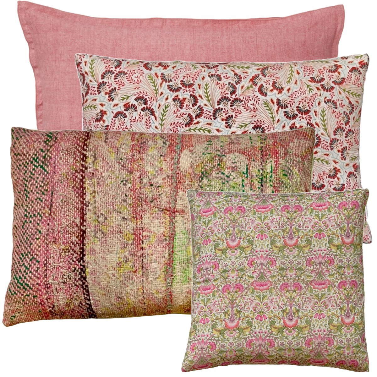 Unika pude Vintage Kantha i rosa og grønne nuancer 30 x 50 cm - Grønlykke.com